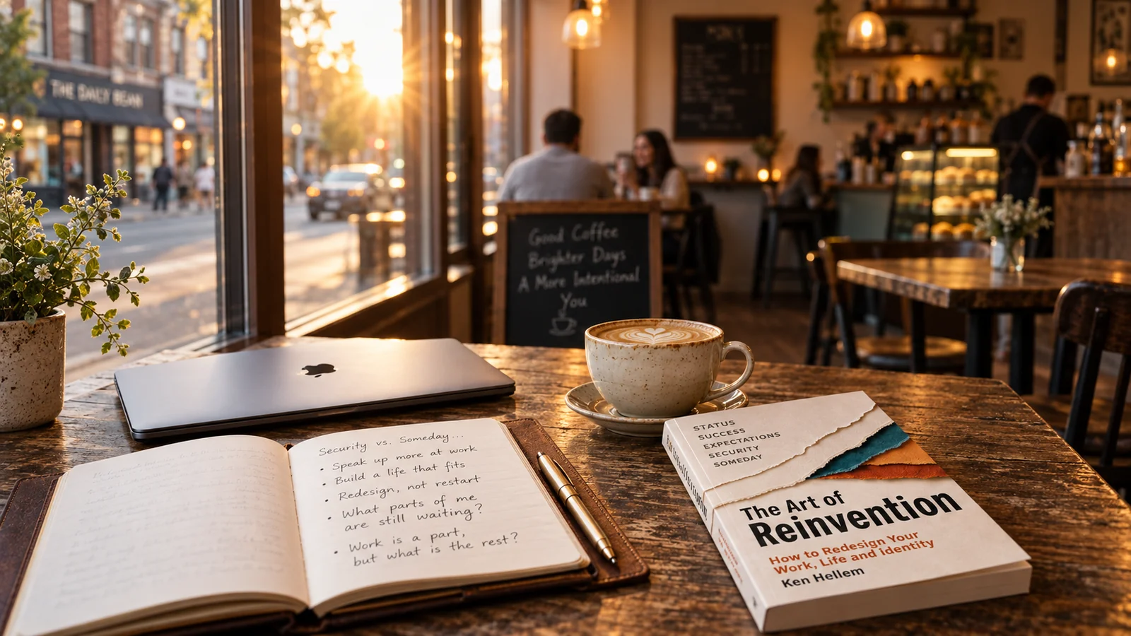 An open journal beside The Art of Reinvention in a cafe window, the page headed Security vs. Someday