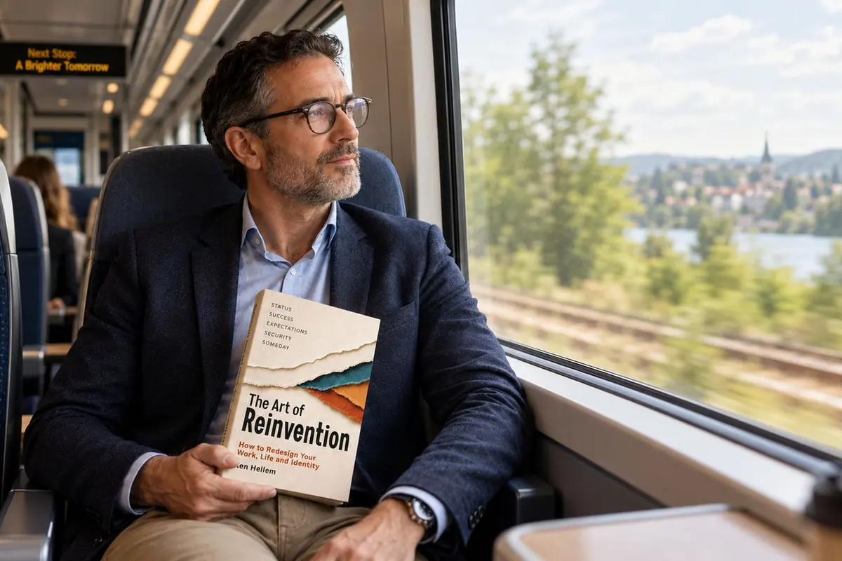 A man on a train looking out of the window, holding The Art of Reinvention