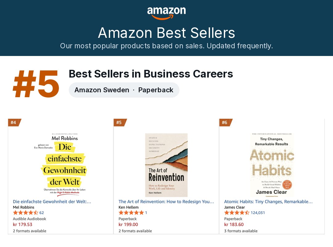 Amazon Sweden Best Sellers list for Business Careers. The Art of Reinvention by Ken Hellem, paperback, is #5, next to Atomic Habits by James Clear at #6.