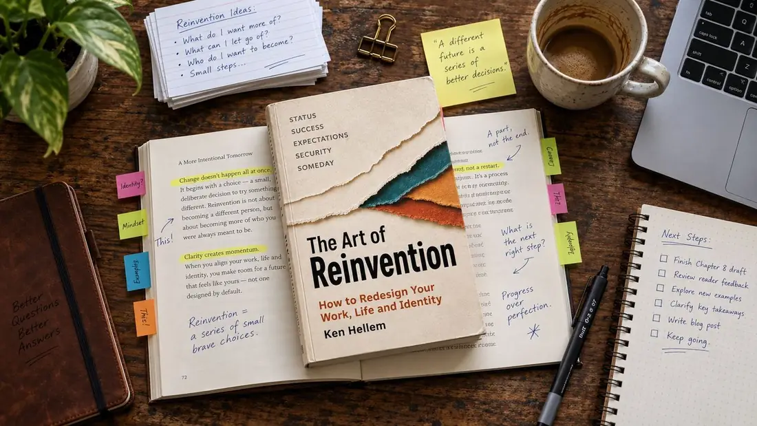 The book open on a desk among index cards, sticky notes and a pen