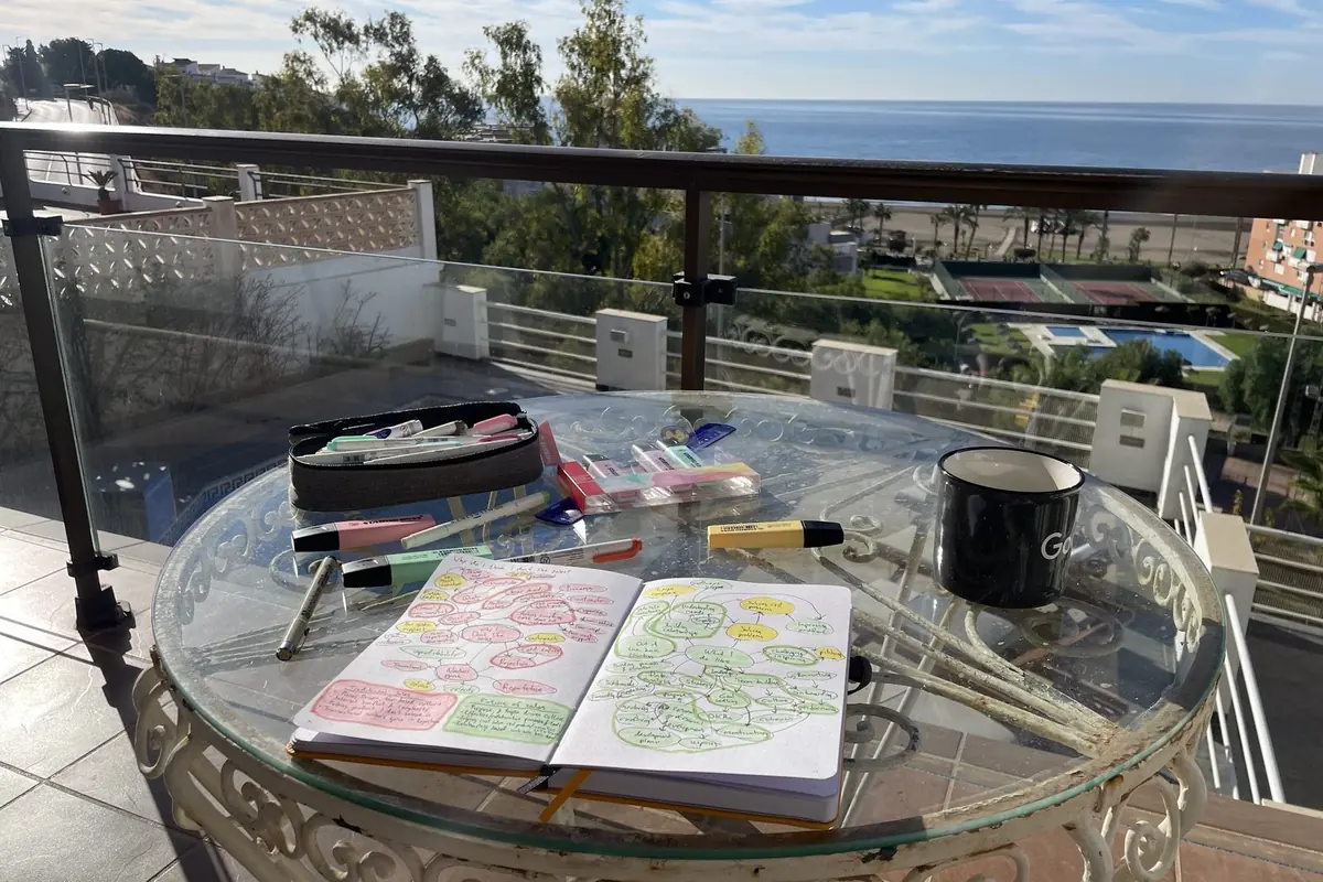 A colorful mind map in an open journal on a balcony table overlooking the sea